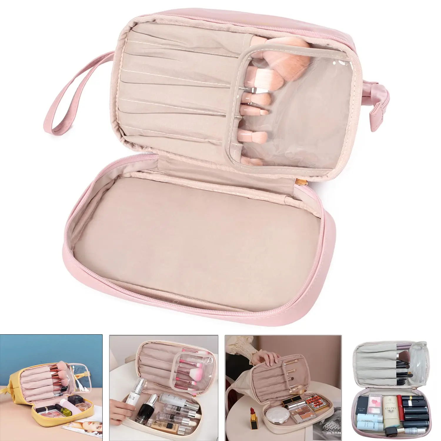 Large Makeup Double Layer Cosmetic Bag Travel Makeup Bag Pu Leather