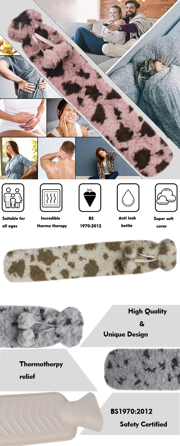 bs professional factory winter hot therapy warm long hot water bottle bag rubber with faux fur cover