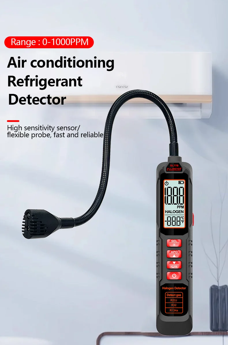 Portable refrigerant gas leak detector for AC & HVAC systems Detects common gases like R22, R32, and R134a with high sensitivity Wide detection range (approx. 0–1000 ppm) for accurate leak identification Fast response with high precision sensor for quick results LCD display for real-time gas concentration readings Audio and visual alarm alerts for easy leak detection Compact, lightweight, and handheld design for easy use Ideal for air conditioners, refrigeration systems, and automotive AC repair