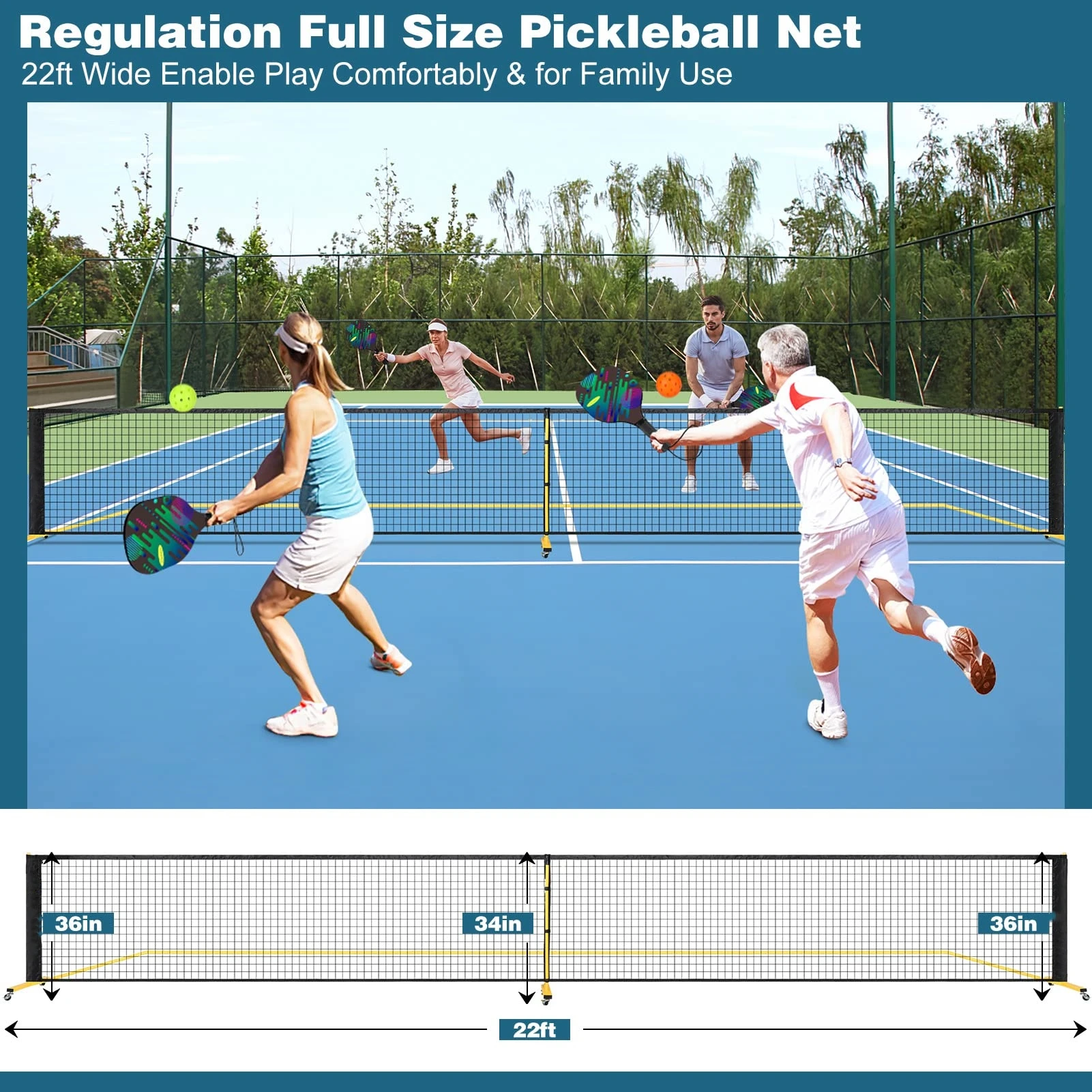 22ft Outdoor Portable Pickleball Net for Driveway Durable PE Knitted Net with Court Lines and 6 Wheels for Pickleballs details