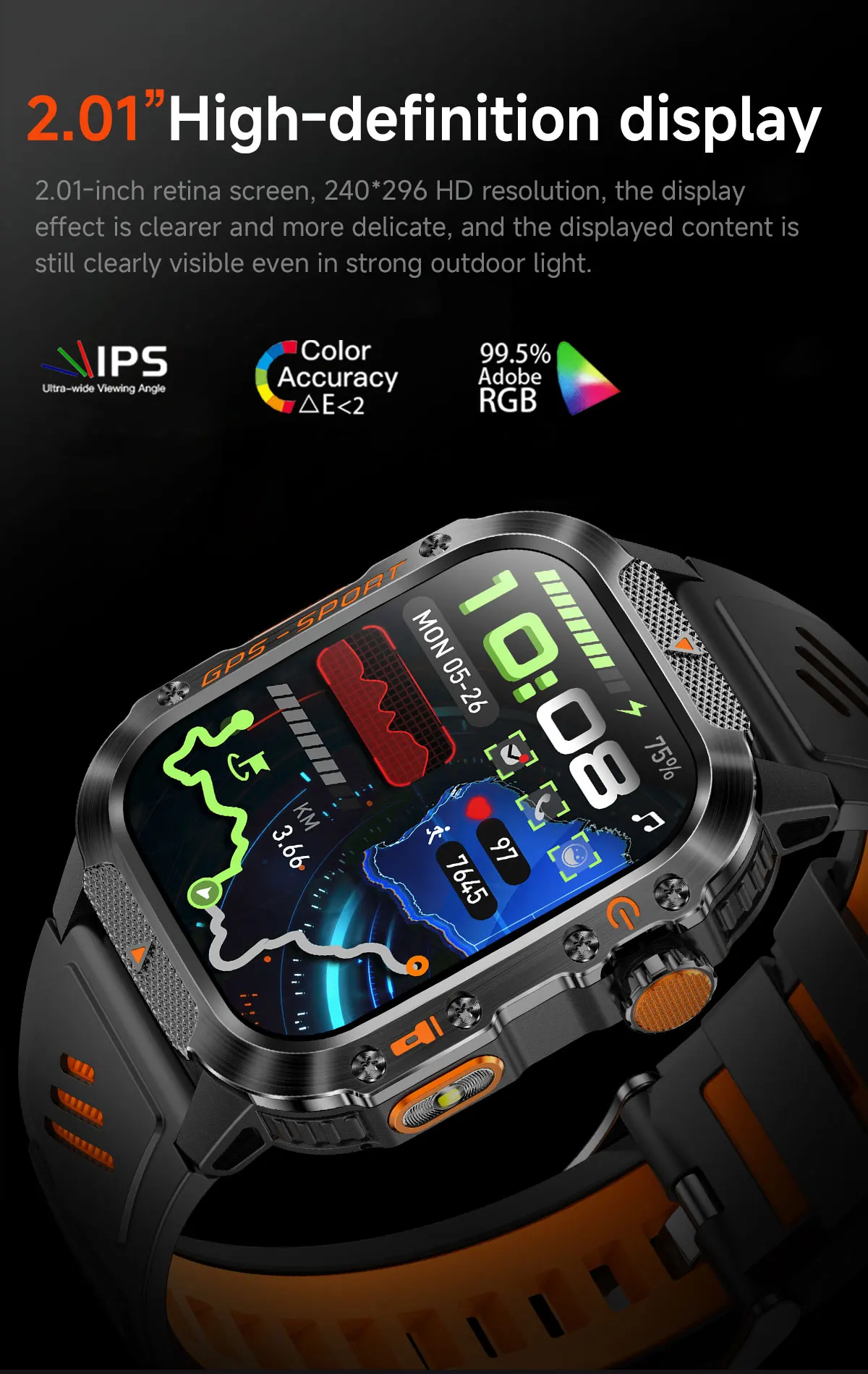 product laudtec black smart watches sport flash light heart rate health monitoring waterproof outdoor sports watch gps smartwatch sb003-4