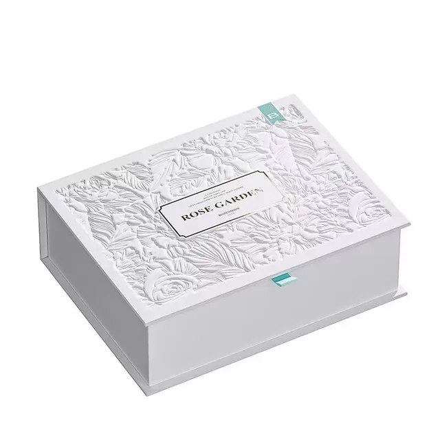 custom logo premium white embossed relief luxury jewelry book shape  hard  packaging gift box for dress