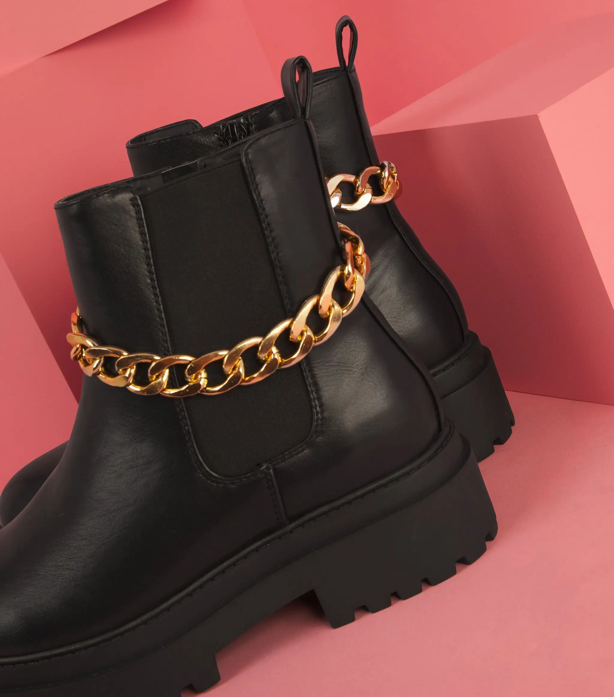 Metal chain Pantshoes Black PU Elastic Slip-On Boots Women Ladies Ankle Boots