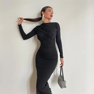 2025 Spring and Autumn Women's Slim Fit Solid Color Temperament Long Hip Hugging Dress