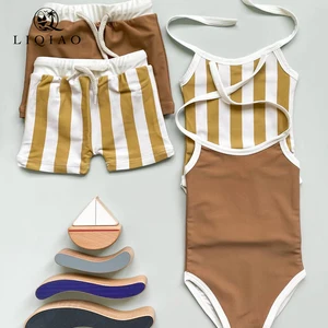 LIQIAO Custom Kids Swimwear Set Striped One-Piece Swimsuit & Shorts Children Bathing Suit OEM Low MOQ
