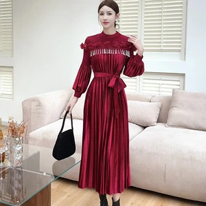 High-quality Velvet Dress with Beaded Ruffled Sleeves, Elegant Mid-length Miyake Pleated Dress