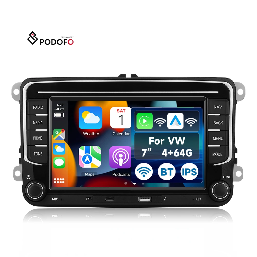 Podofo for VW/Seat/Skoda/Passat/Touran/Golf/Polo 7'' Android Car Radio 2+64G Wireless Carplay/Android Auto GPS/WiFi USB + Type-C A4621