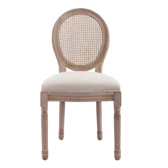 Dining Chair French Round Back Hexagonal Rattan Woven Soft Padded Wooden Chair Solid Wood Frame Wedding Restaurant Chair