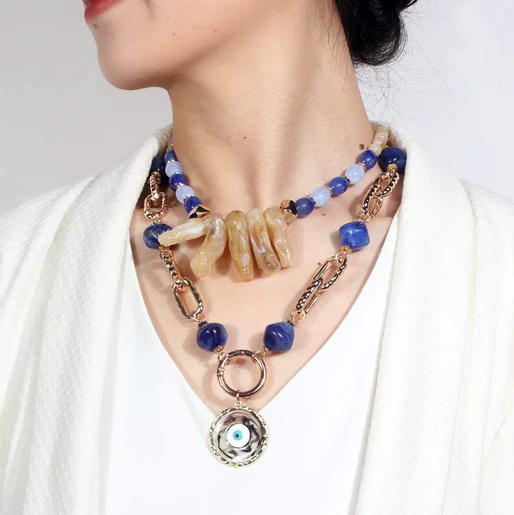 New Design Multilayer Multicolored Resin Acrylic Beads Link Collar Necklace for Women Statement Blue Eye Pendant Choker Necklace