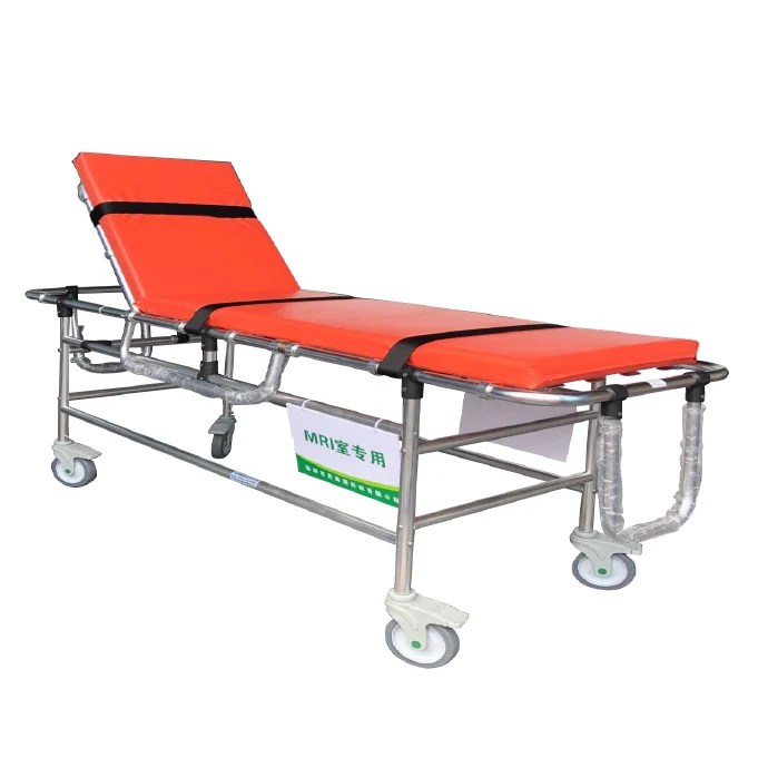 Medical Instruments Hospital Non Magnetic Back Adjustable MRI Patient Transfer Trolley With Rails Wheels Price