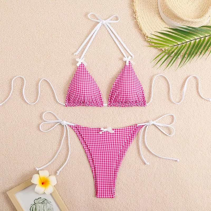 Wholesale Custom Bikinis for Women 4 Color Options Spandex Plaid Pattern Women Bikini Swimwear
