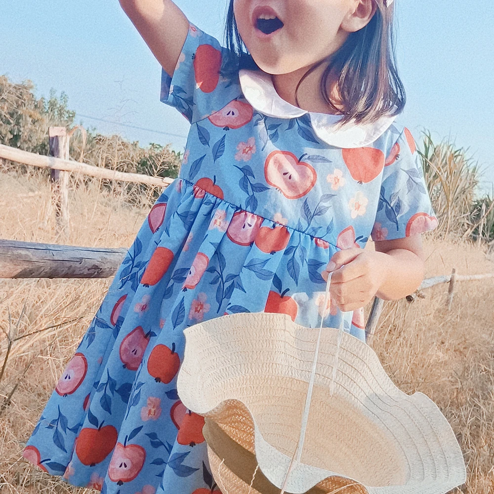 Custom Made Kids Girls apple Printing Dress Peter Pan Collar Short Sleeves Cotton Dresses Back to School Children Clothing