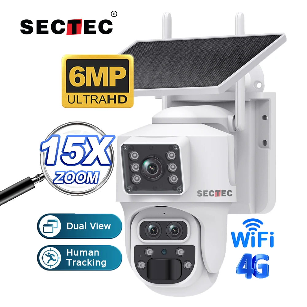 SECTEC 6MP Solar Battery Powered Network Camera 3 Lens 2 Screens with 12X Zoom 4G UBOX APP Outdoor CCTV PTZ 4G Solar Camera