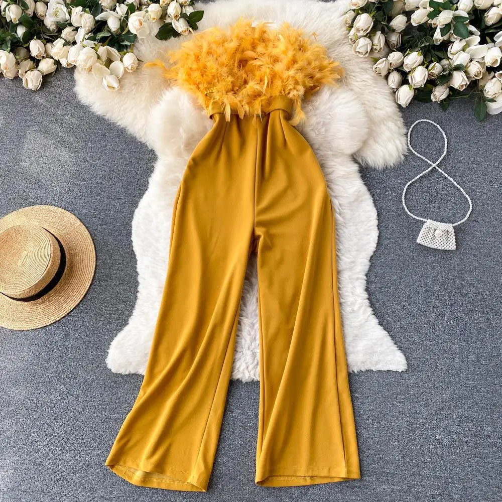 Luxury Feather Tassel Tube Top Jumpsuit Women High Waist Slimming