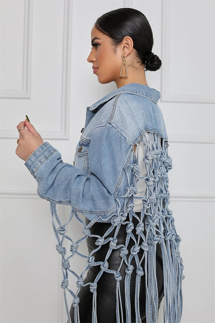 DUODUOCOLOR womens fall clothing 2021 tassel denim jean jacket light blue cropped coat women coats jackets D10997