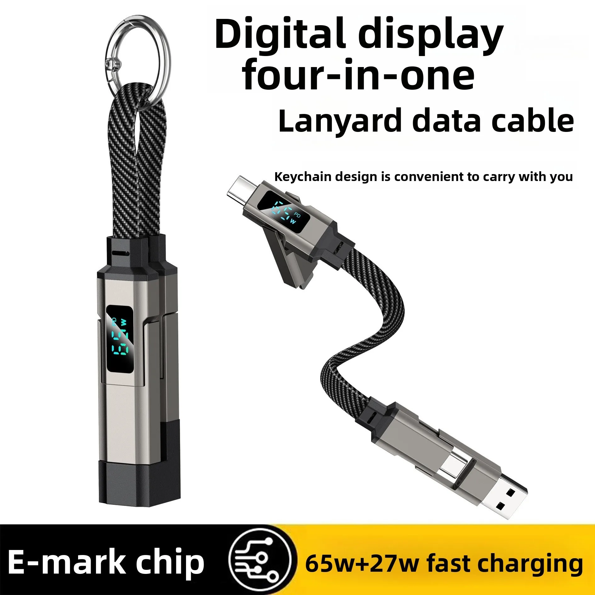 4 in 1 Nylon Braided Keychain Charging Cable 65W Fast Charging 0.2M Short Data Cable With Power Display Portable Customizable