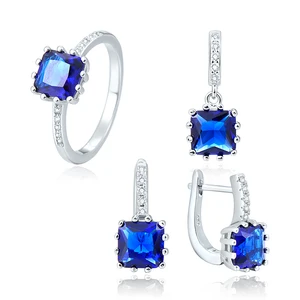 Elegant Beautiful 925 Sterling Silver Jewelry Sets Aaa Crystal Rhodium Plating Princess Cut Blue Sapphire Jewelry Set