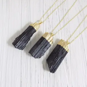 Shanmei Rough Raw Stone Gold Plated Chain Pendant Charm Necklace Black Tourmaline Pendant For Jewelry Making Necklace