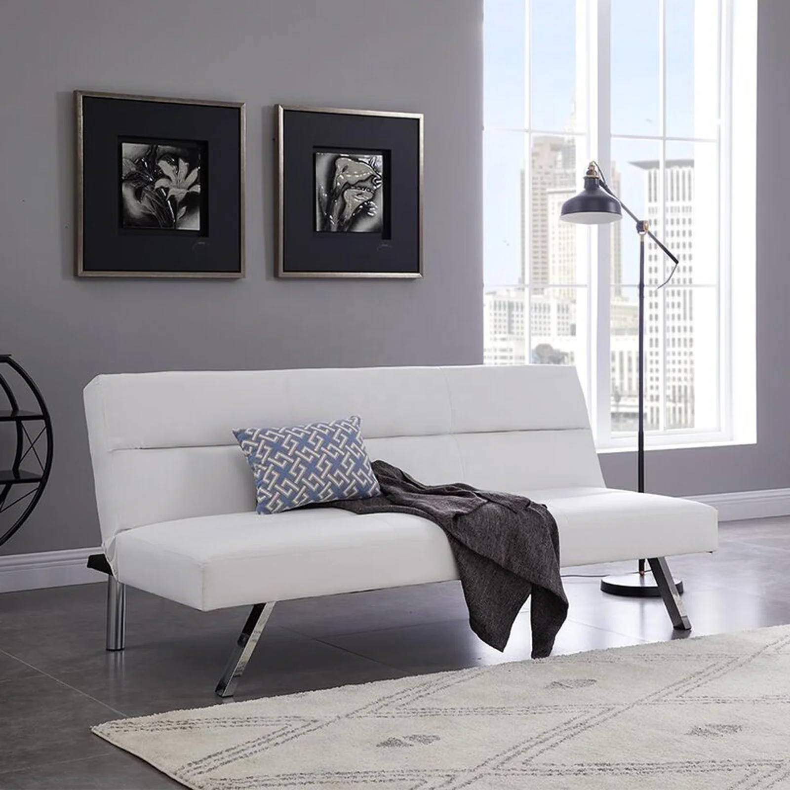 Modern Multi-functional White Living Room Faux Leather Folding Couch Turns to Bed Futon Sofa Cam Bed for 2 Person