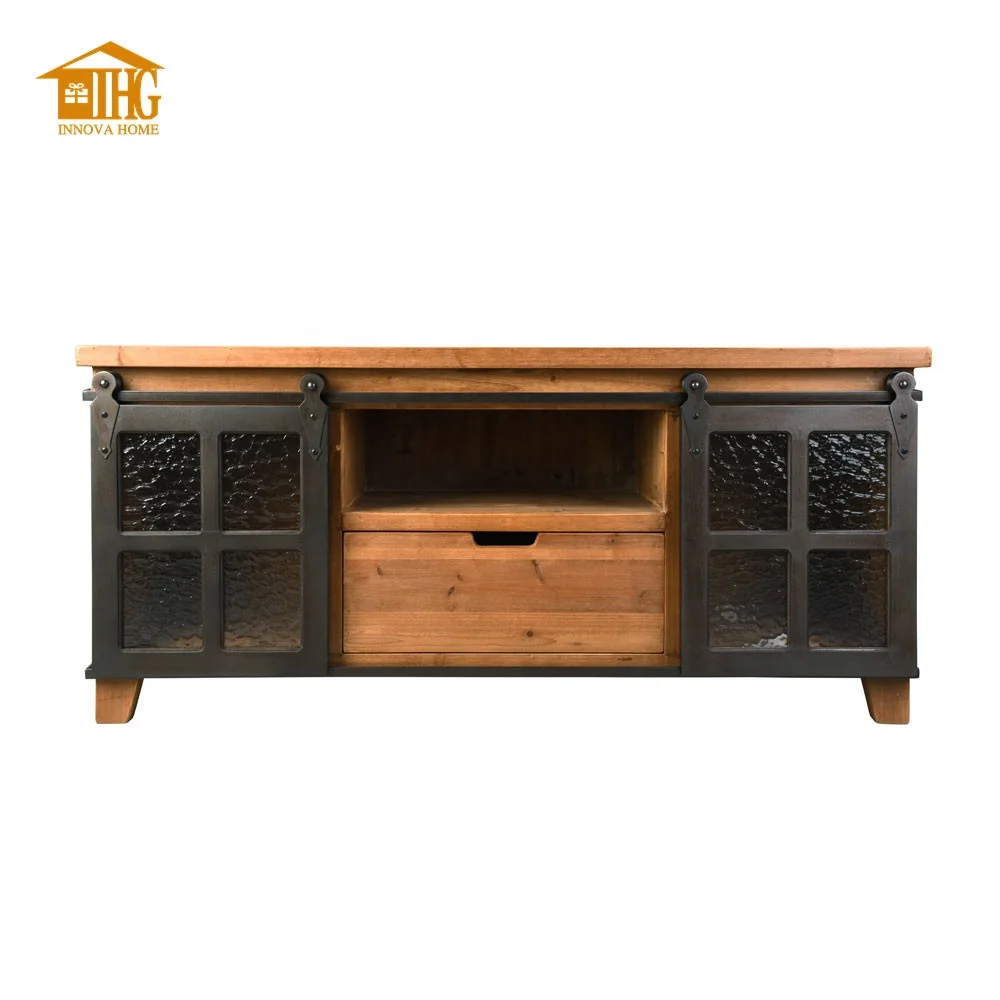 Accent Wooden Design TV Stand Cabinet Panel Wood Living Room Furniture with Metal Slid Barn Door for Home or Apartment