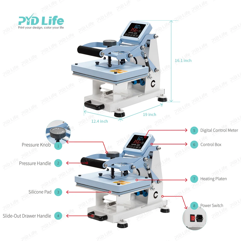 PYD Life 8 in 1 Combo Tumbler Hip Flask Plate Flat Pen Hat Sublimation Printer Transfer 8 in 1 Heat Press Machine for T-shirt - Image 3