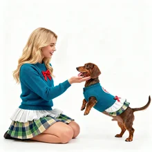 Eco-Friendly Fall Peacock Blue Knitted Cotton & Polyester Dog Sweater and Skirt Set Classic Design with Print Pattern