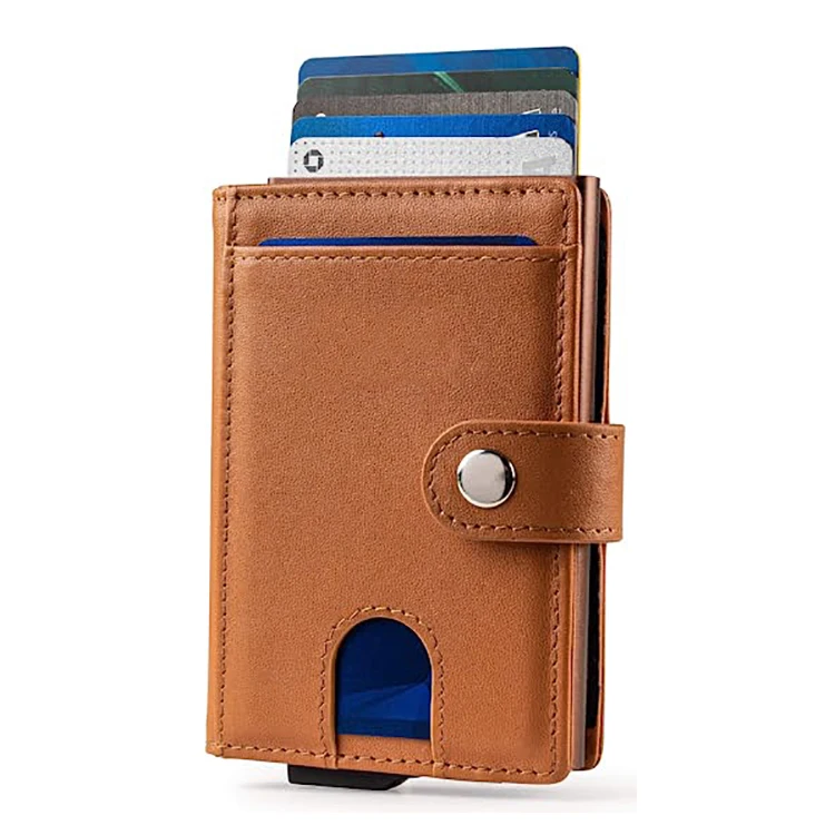 Custom Genuine Leather Pop up Wallet Vintage RFID Blocking Anti Theft Automatic Aluminum Pop up Credit Card Holder
