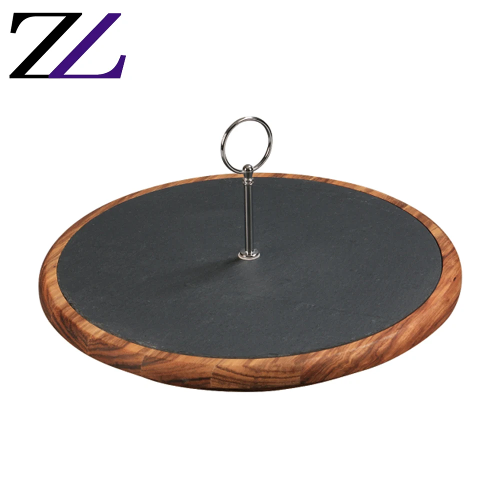 New Advantages of Buffet Catering Service Black Food Serving Dinner Pizza Wood Plate with Punch Handle Natural Slate Stone Plate