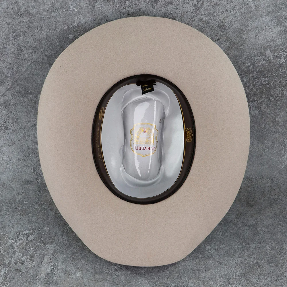 LiHua, индивидуальные бежевые ковбойские шляпы высокого качества из искусственной кожи с закругленными полями, оптовая продажа
