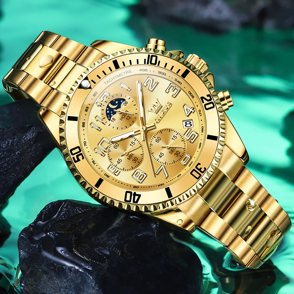 OLEVS 2926 Popular Golden Men Quartz Watch Cool Steel Strap Luminous Chrono Advertising Business Watch Company