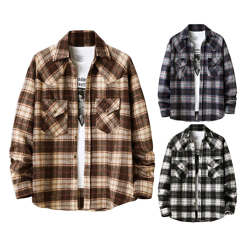 Camicia scozzese in flanella da uomo a maniche lunghe casual con risvolto di nuova moda 2022253_voghion.com