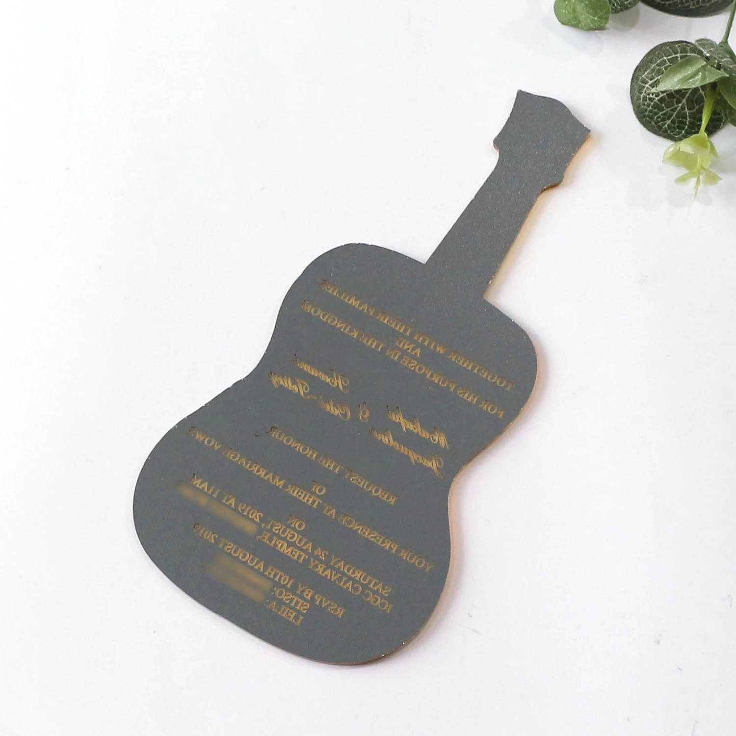 Music-Themed Guitar Shape Gold Mirror Acrylic Wedding Invitation with Black Box