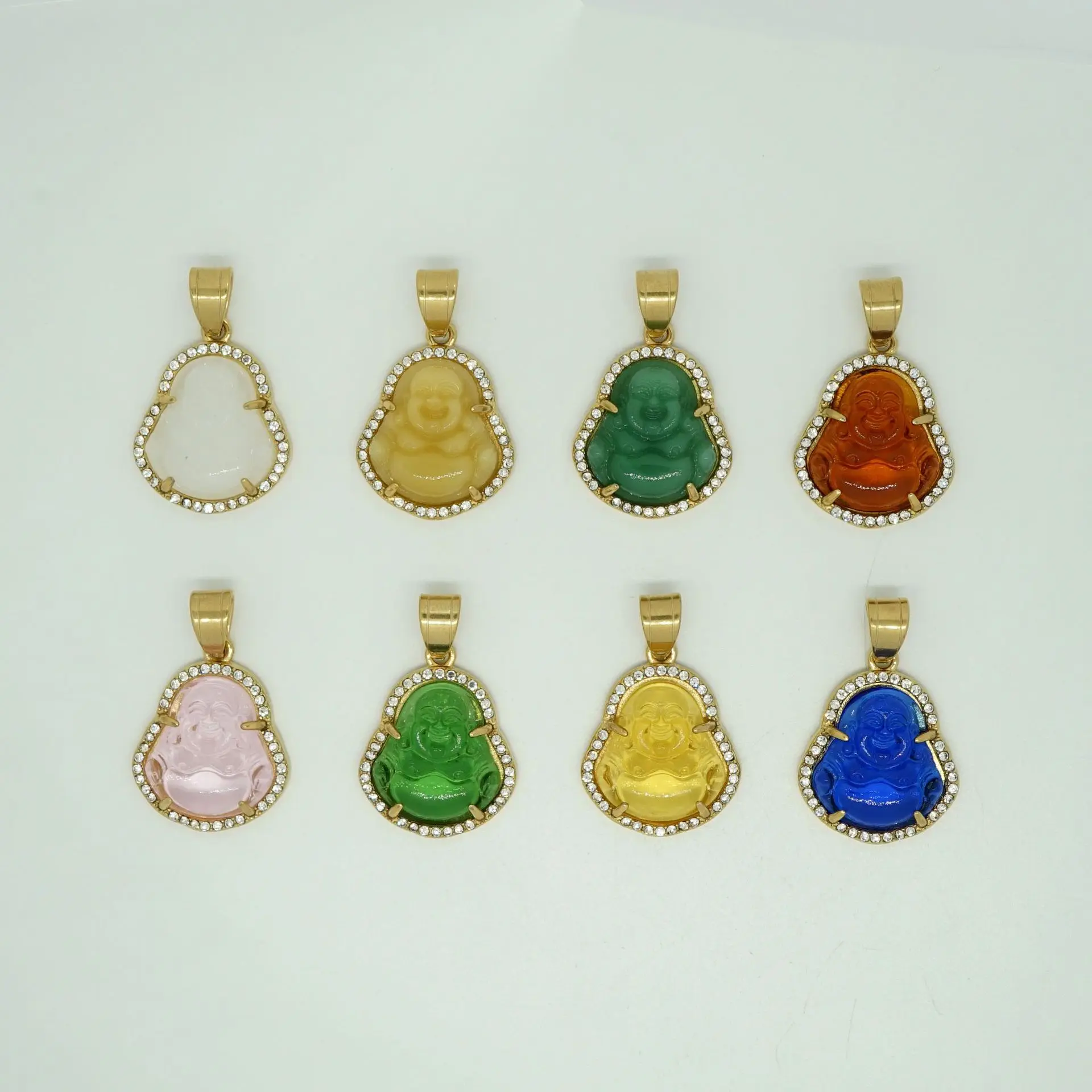 Green Jade Pendant 18K Gold Stainless Steel Iced Out Bling Cubic Zirconia Laughing Buddha Necklace