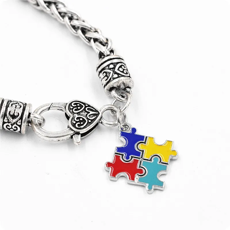 Autistic Awareness Chain Bracelet  with Autism Puazzle Pendant Antique Silver Plating for Gift Bangle Chain