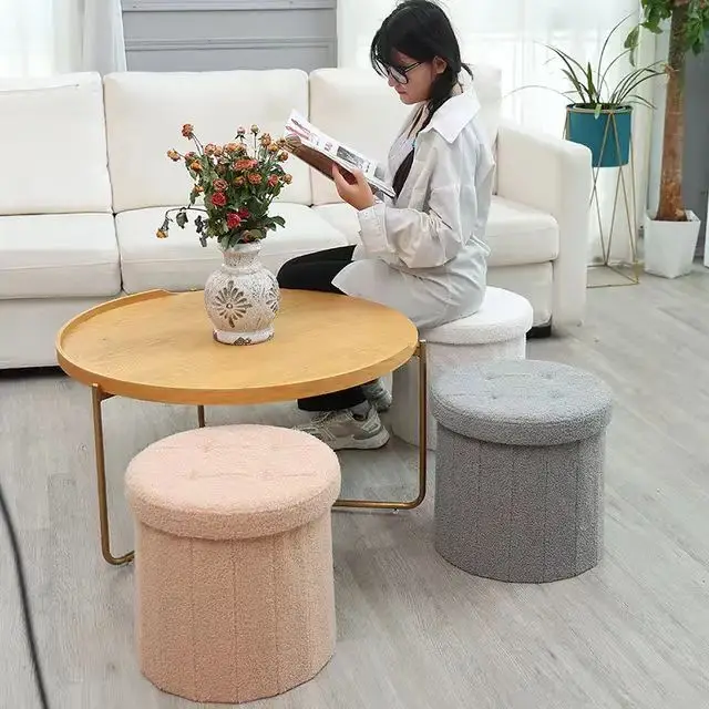 Factory Wholesale Custom Round Multifunctional Foldable Footstool/Ottoman Best-Selling Velvet Seat with Velvet Storage