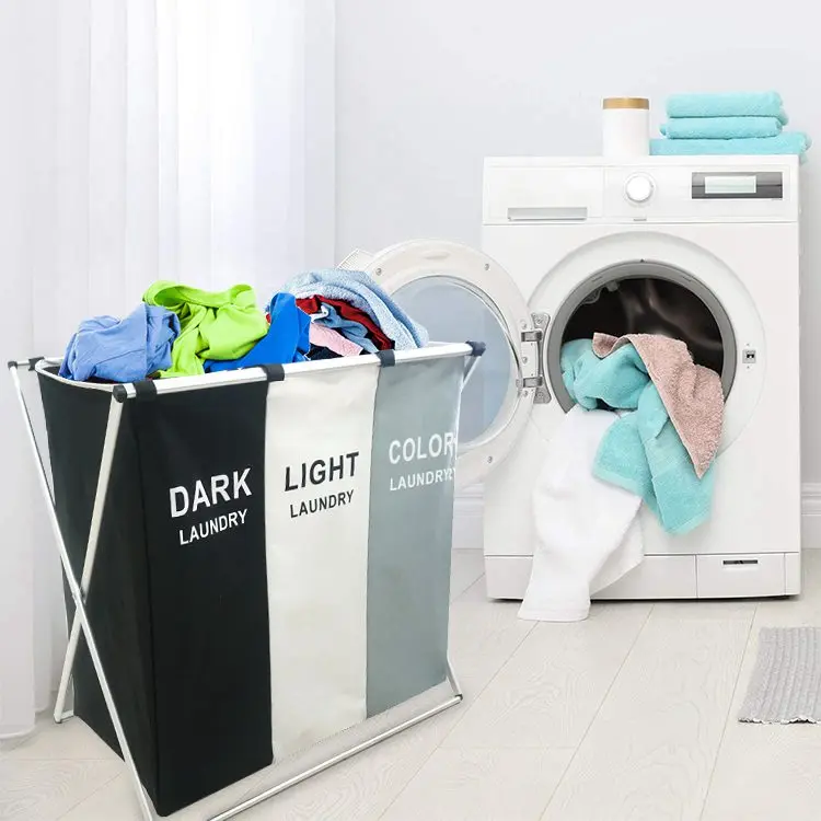 3 Section Laundry Hamper Compartments Foldable Collapsible Canvas Laundry Basket With Metal Rack