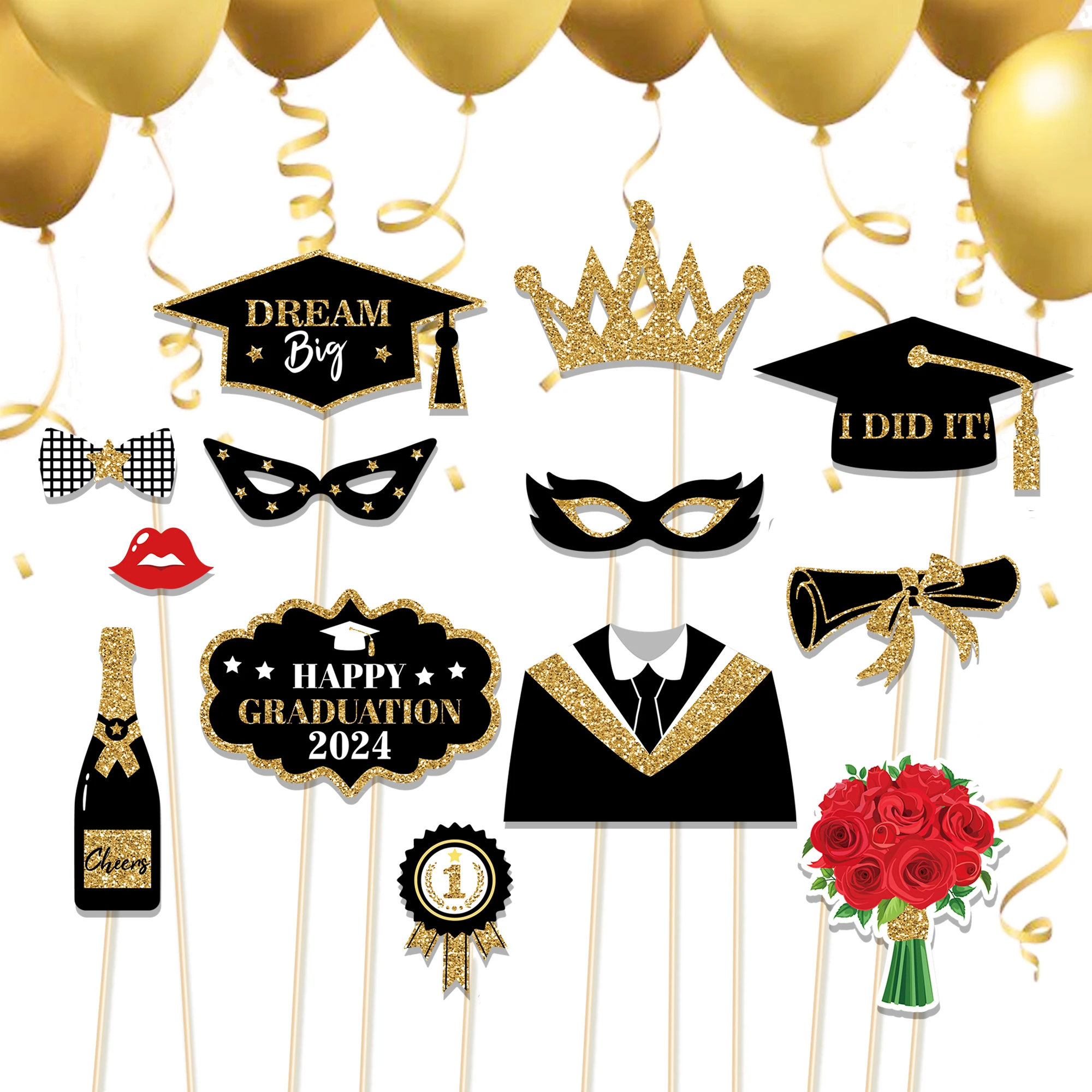 Huancai 25 PCS Happy Graduation 2024 Photo Booth Props with Sticks ...