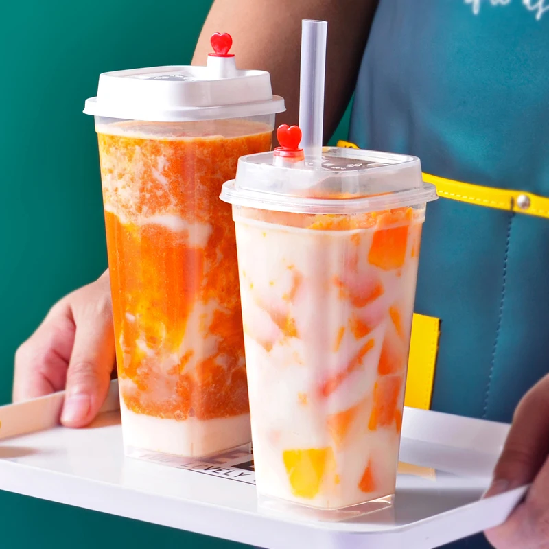 Customized Disposable Transparent Square Rigid Plastic Dessert Cup Milkshake Smoothie Coffee Cup Injection Plastic Cup