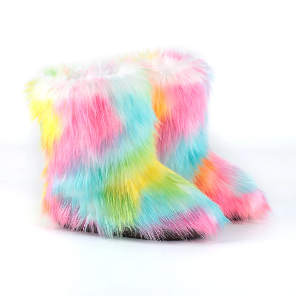 Snow Boots Ladies Plush Boots Female Warm Luxury Footwear Furry Cotton Shoes 2024 Women's Fluffy Faux Fox Fur Winter Adult OEM