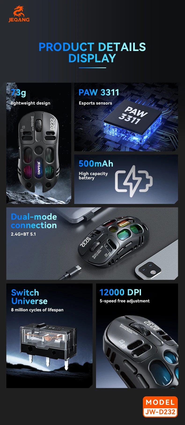 Jeqang JW-D232 RGB 2.4G BT Dual-Mode 6D Ergonomic Gaming Mouse Magnesium Alloy Hollow Design Optical Tracking Backlit