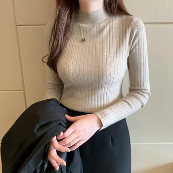 Women's New Style Casual Mid-Collar Half Turtleneck Long-Sleeved Knitwear Top Solid Pattern Autumn Winter Thin Bottoming Shirt