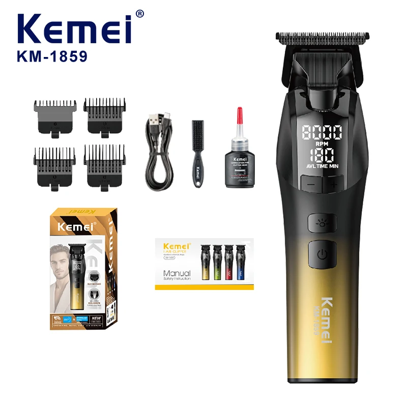 Tondeuse à cheveux professionnelle Kemei KM-1859 à corps métallique, 5 W, batterie lithium-ion de 2000 mAh, moteur à 8000 tr/min, lame DLC avec 4 embouts interchangeables