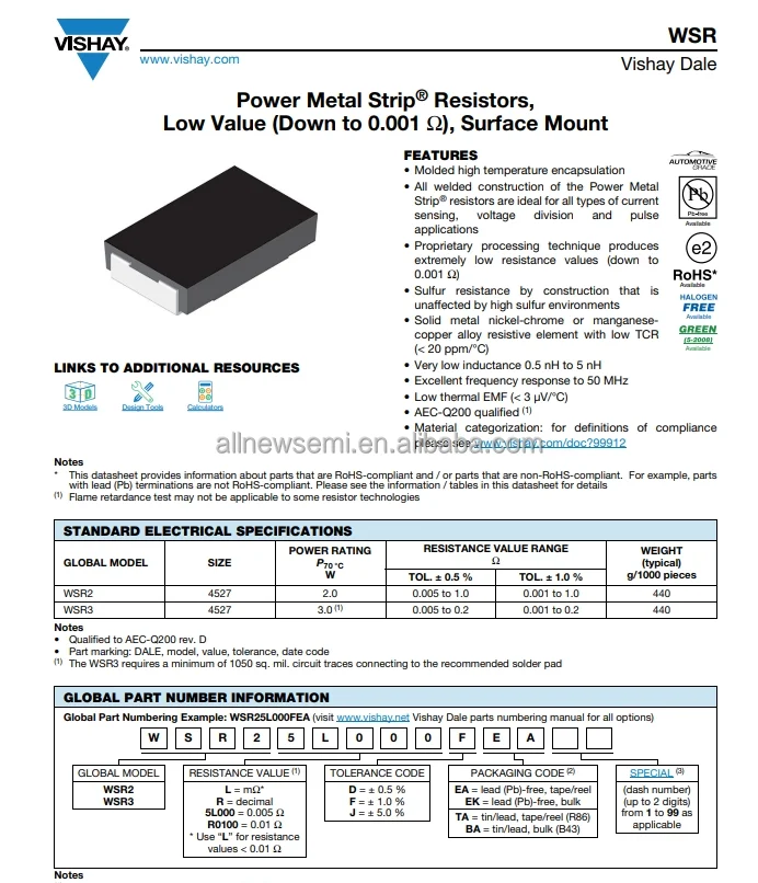 Hot sale Original WSR3R1000FEA Resistor 100 mOhms ±1% 3W Chip Resistor 4527 J-Lead Anti-Sulfur Automotive Current Sense Moisture