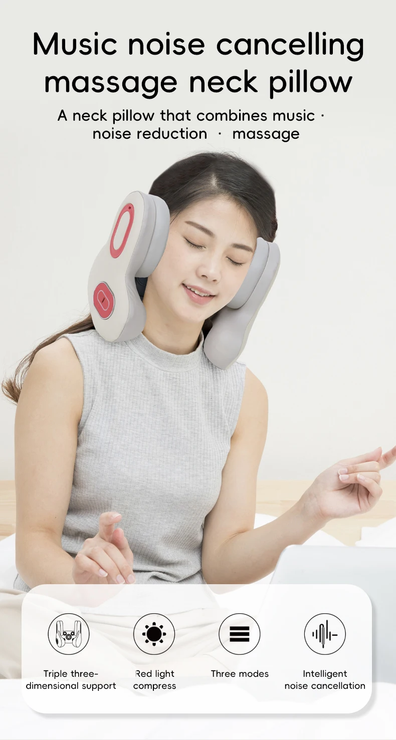 Smart 4-in-1 Travel Neck Pillow with ANC Headphones - Heated Vibration Massage & Bluetooth Audio - Memory Foam Support for Planes & Home - Beige