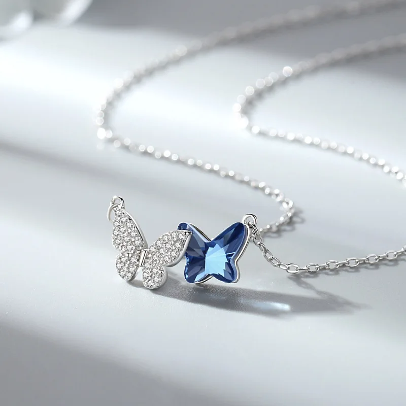 Fashion Jewelry HIght Quality S925 Sterling Silver Pendant Blue Butterfly  Necklace Crystal Necklace Women
