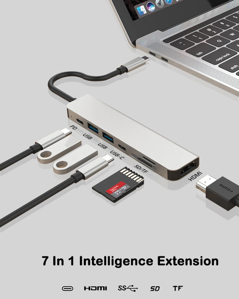 7 Ports Usb-c Hub 7 In 1 Sd/tf Multiport Aluminum Usb 3.0 Type C Hub ...