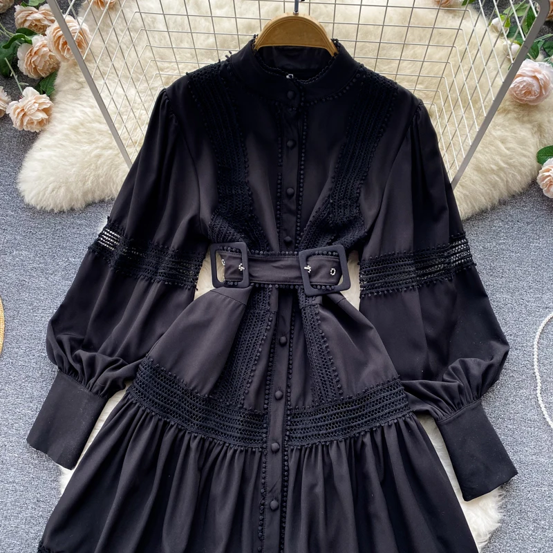 Long Sleeve Stand Collar Solid A-line Dress Autumn Ruffles Lace Mini ...