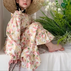 Korean Style Floral Casual Dress for Girls Long Sleeve Spring Autumn Print Sweet Style Teenagers Woven Fabric Clothes for Kids