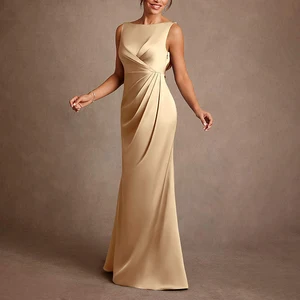 ZYHT 73987 Gold Satin Luxury Elegant Maxi Mother Women Backless Ruched Pleated Fish Tail Mermaid Hem Wedding Party Evening Dress