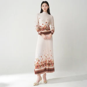 Miyake Pleated Print Two-piece Set Loose Casual One Size Set Shirt and A-line Skirt Suit 2025 New Factory Wholesale